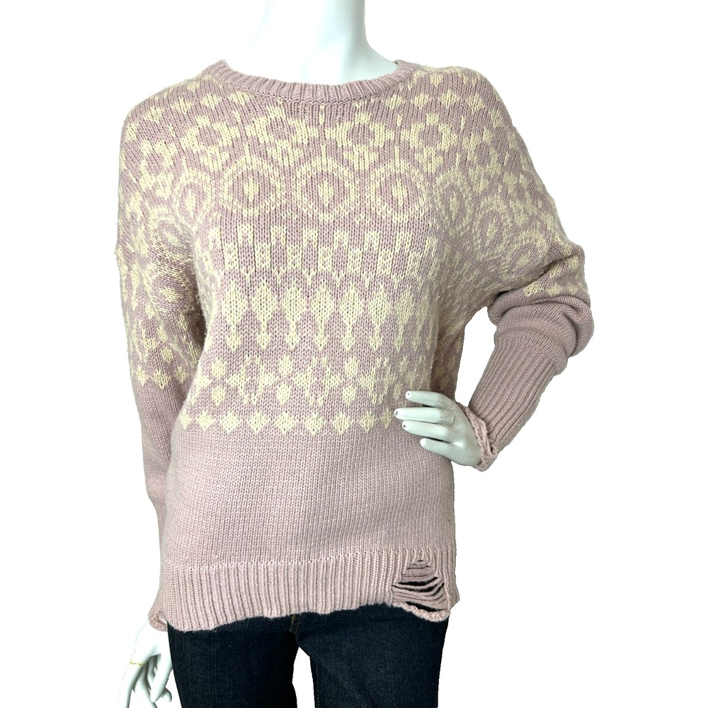 NSF Clothing Lilac Cream Geometric Fair Isle Distressed Knit Sweater Small NWT
